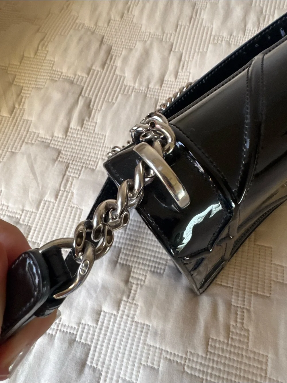 Dior Black Patent Leather Shoulder Bag with Silver Chain - Diorama bag